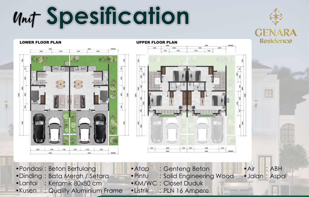 Ground and upper floor plans of the Genara Residence Batam type 80/75 house with 2 car parks