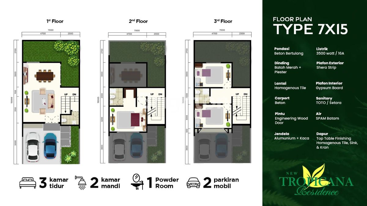 Denah tiga lantai rumah New Tropicana Residence tipe Ibiza Batam