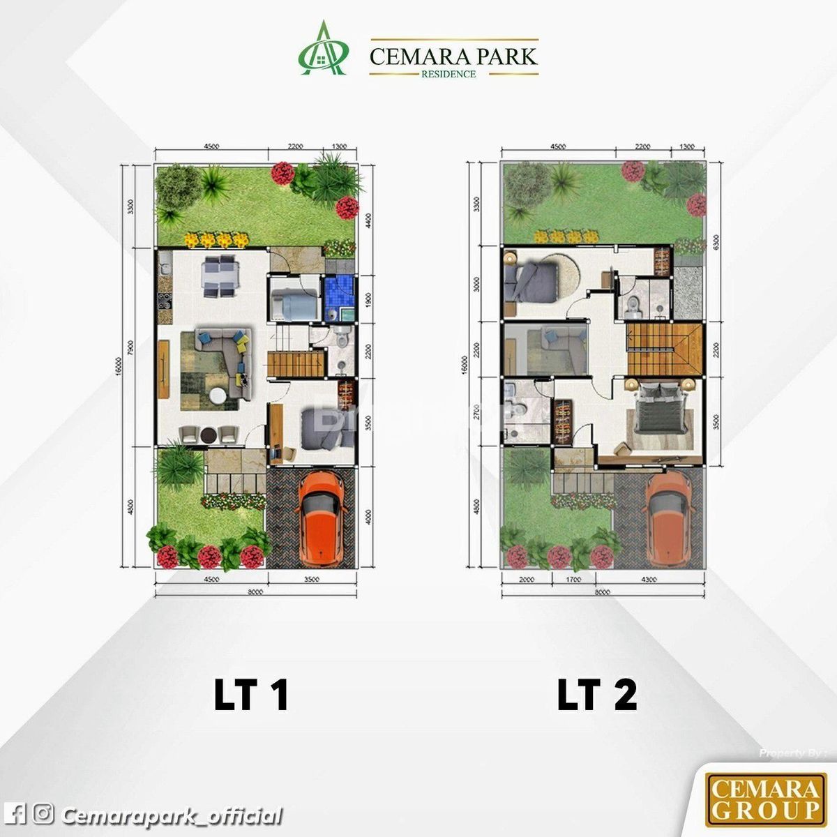 Denah lantai 1 dan 2 rumah Cemara Park Residence tipe 120/128 Batam