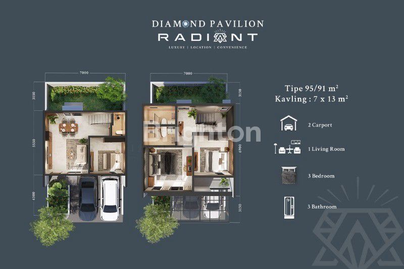 Denah dua lantai rumah Diamond Pavilion Radiant tipe 95/91 Batam