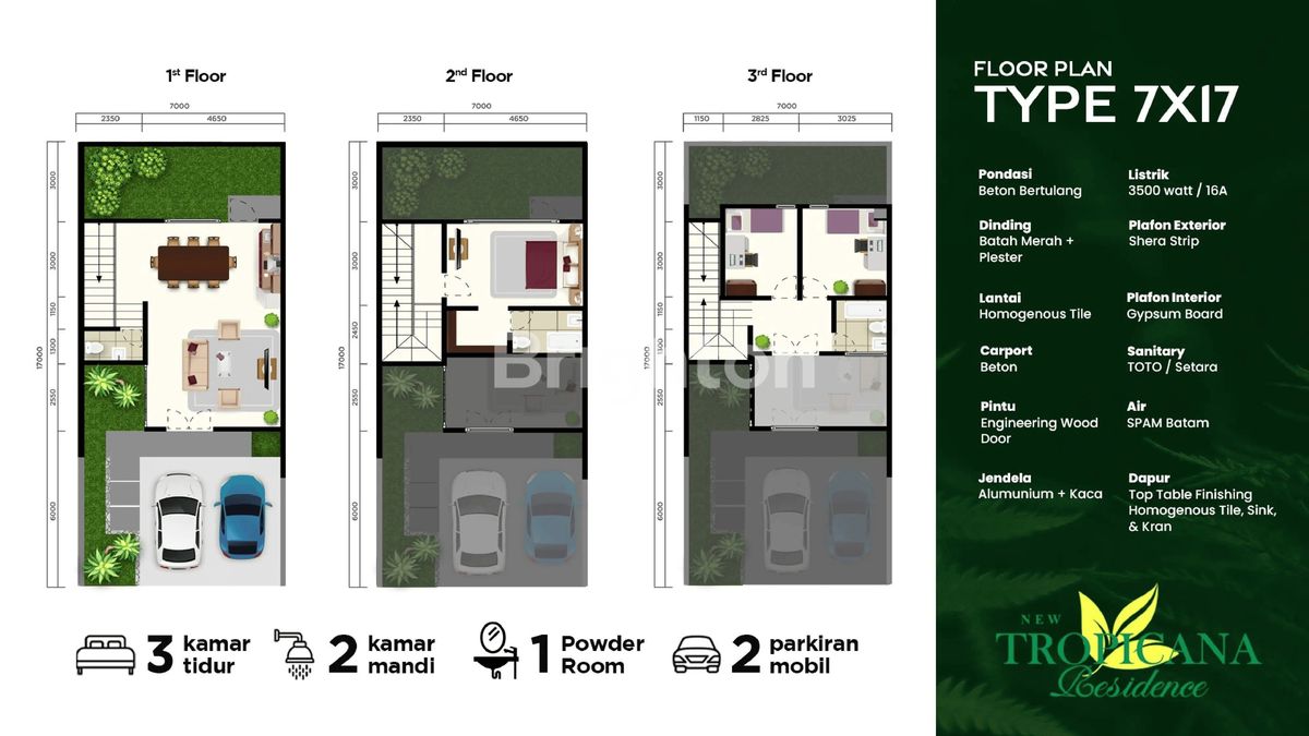 Denah tiga lantai rumah New Tropicana tipe Maldives Pasir Putih Batam
