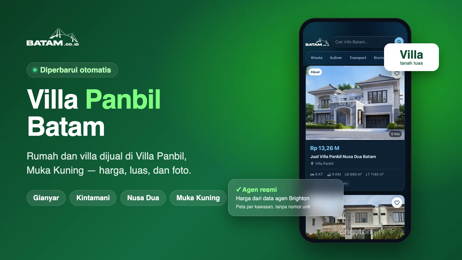 Villa Panbil Batam dijual: harga, luas tanah dan bangunan, kamar tidur dan foto rumah di kawasan Villa Panbil, Muka Kuning